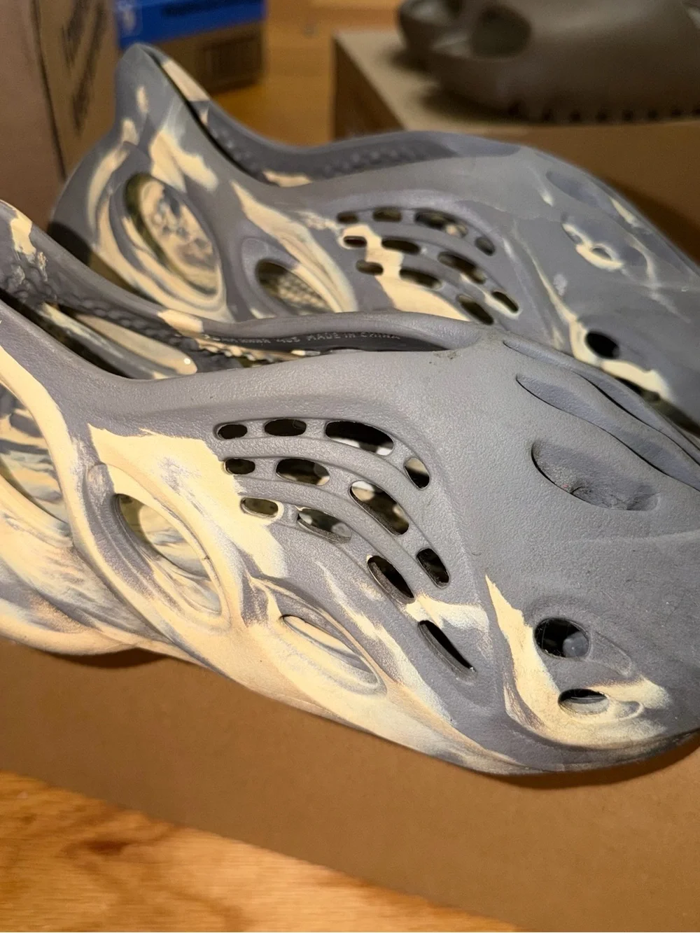 adidas Grey and Cream Marbled Foam Slip-On Clog Mules